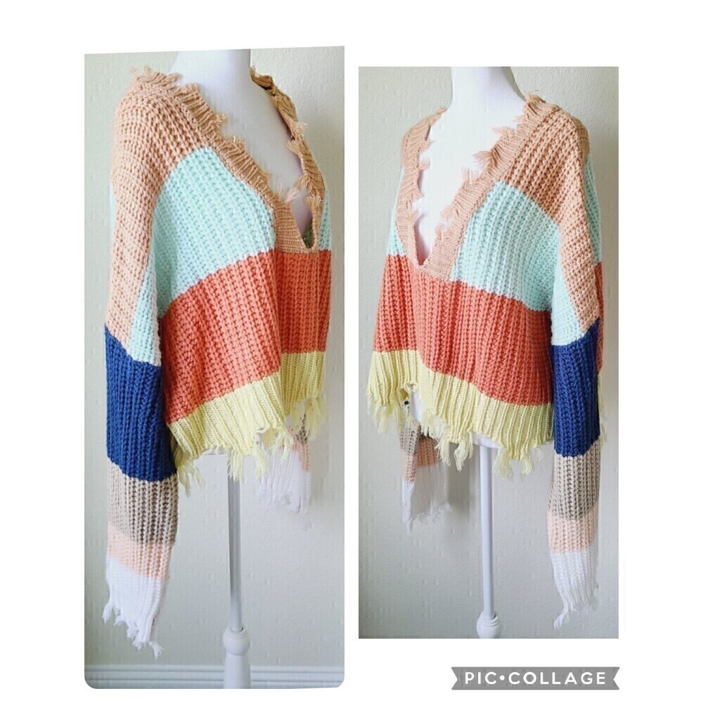 Chunky Knit Distressed Sweater Medium Crop V-Neck Colorblock Storia Boho Beach